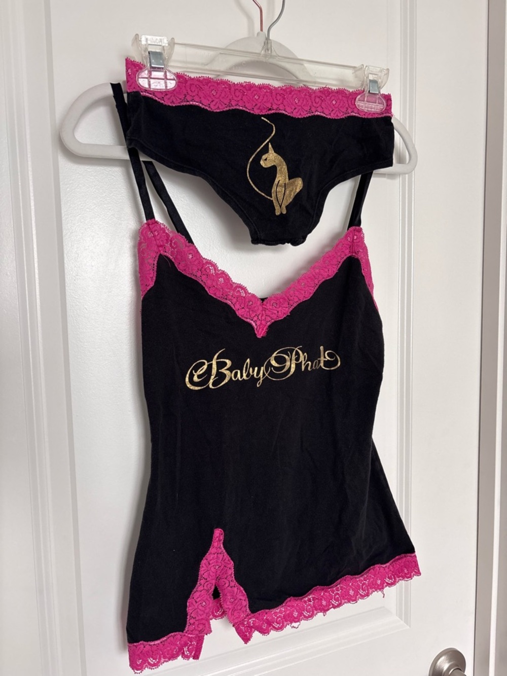 Vintage Y2K Baby Phat Intimates Set Small Black Pink Lace Logo Cami Shorts Rare